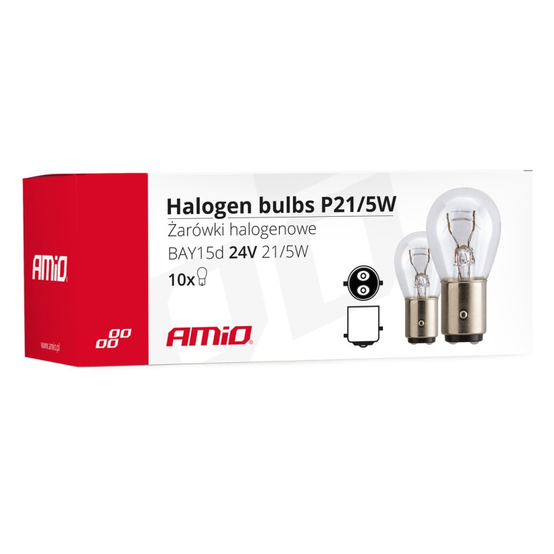 Amio - Λαμπτήρες Αλογόνου τύπου P21/5W βάση BAY15d τάση λειτουργίας 24V απόδοσης 21/5W Διπολικοί για Φορτηγά - 10 τεμ. (01007/AM)