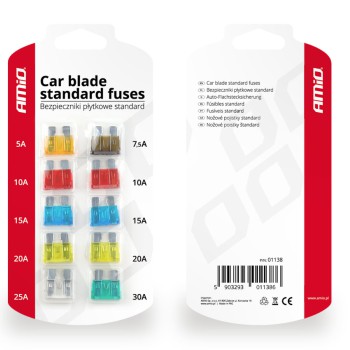 Amio - Ασφάλειες τύπου Standard τάση λειτουργίας 12-24V ένταση ρεύματος 1x5A, 1x7.5A, 2x10A, 2x15A, 2x20A, 1x25A, 1x30A για Επιβατικά Αυτοκίνητα και Φορτηγά - 10 τεμ. (01138/AM)