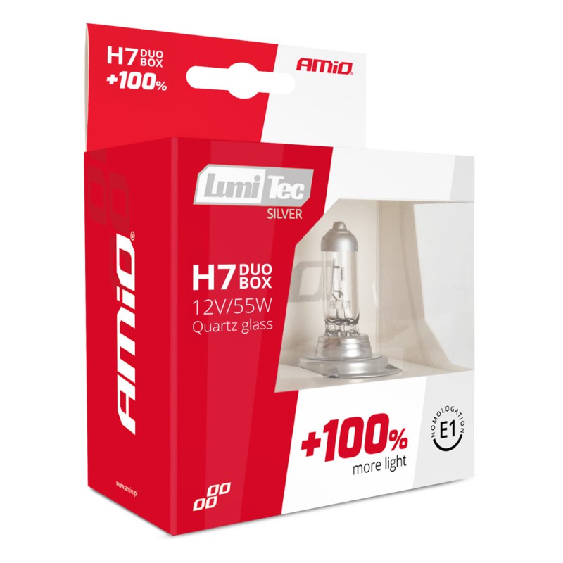 Amio - Λάμπα Αλογόνου Τύπου H7 Lumitec Silver βάση PX26d τάση λειτουργίας 12V απόδοσης 55W χρώμα Λευκό +100% Φωτεινότητα Έως 25m για Επιβατικά Αυτοκίνητα - 2 τεμ. (01403/AM)