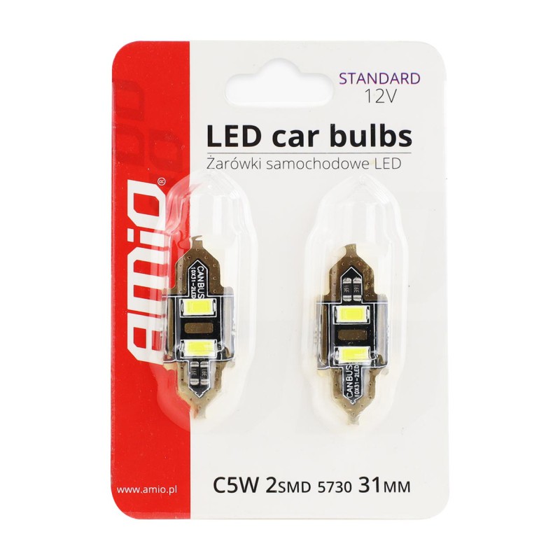 Amio – LED Λαμπάκια Πλαφονιέρας 31mm 12V 5600K 2xSMD 5730 για Εσωτερικό Φωτισμό Αυτοκινήτου – 2 Τεμ. (01448/AM)