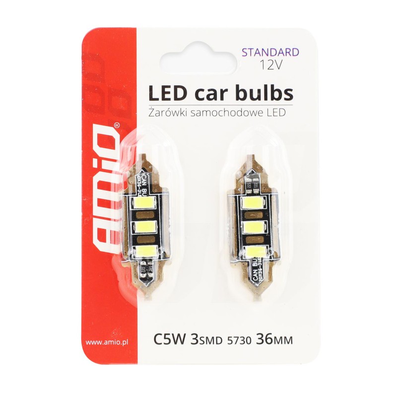 Amio – LED Λαμπάκια Πλαφονιέρας 36mm 12V 5600K 3xSMD 5730 για Εσωτερικό Φωτισμό Αυτοκινήτου – 2 Τεμ. (01449/AM)