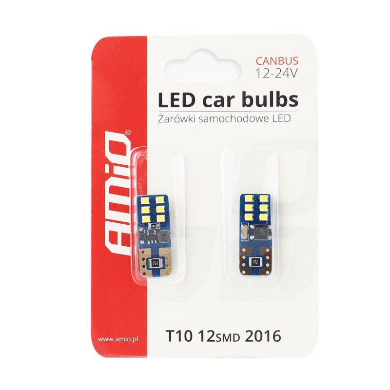 Amio – Λαμπάκια LED T10 W5W 12/24V 2W 5600K 12xSMD 2016 CANBUS Καρφωτά για Ισχυρό Λευκό Φωτισμό χωρίς Σφάλματα – Σετ 2 Τεμ. (01638/AM)