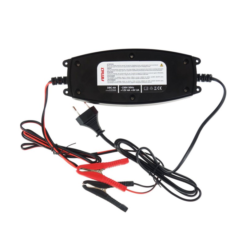 Amio - Φορτιστής Μπαταρίας 6/12V 2A/4A με LCD για φόρτιση και συντήρηση μπαταριών 1.2-120Ah με έξυπνη λειτουργία και προστασία IP65 για ασφαλή και αποδοτική χρήση - 1 Τεμ. (02088/AM)