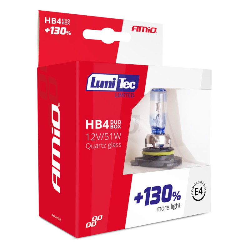 Amio - Λάμπες Αλογόνου HB4 9006 12V 51W LumiTec Limited με +130% Φωτεινότητα και Δέσμη έως 40m για Μεσαία & Μεγάλη Σκάλα με Λευκό Φως 4300K και UV Protection - 1 Σετ (02104/AM)