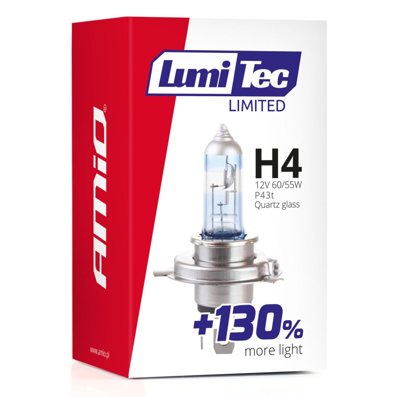 Amio - Λαμπτήρας Αλογόνου LumiTec Limited +130% τύπου H4 12V ισχύος 60/55W με βάση P43t και λευκό φως 4300K διπλής λειτουργίας για αυξημένη ορατότητα και μεγαλύτερη δέσμη έως 40m - 1 Τεμ. (02132/AM)