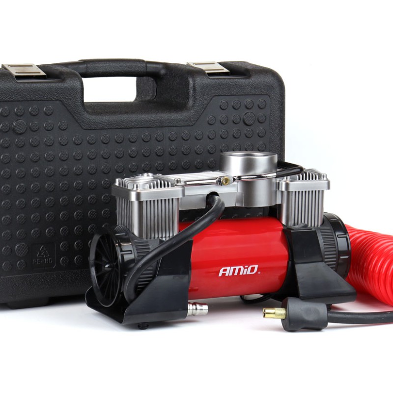 Amio – Κομπρεσέρ Αέρα 12V Διπλού Κυλίνδρου 10BAR 150PSI 60L/min με Μανόμετρο, LED Φακό, Σετ Επισκευής & Βαλιτσάκι για Άμεση Αντιμετώπιση Έκτακτων Αναγκών – 1 Τεμ. (02640/AM)