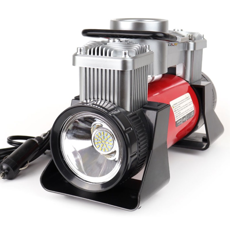 Amio – Κομπρεσέρ Αέρα 12V Διπλού Κυλίνδρου 10BAR 150PSI 60L/min με Μανόμετρο, LED Φακό, Σετ Επισκευής & Βαλιτσάκι για Άμεση Αντιμετώπιση Έκτακτων Αναγκών – 1 Τεμ. (02640/AM)