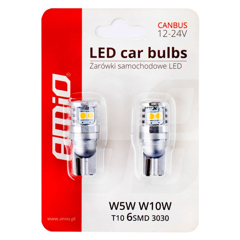 Amio - T10 W5W/W10W 12/24V W2,1x9,5d 6SMDx3030 ΛΕΥΚΟ (ΚΑΡΦΩΤΟ - CAN-BUS) 2ΤΕΜ. (02801/AM)