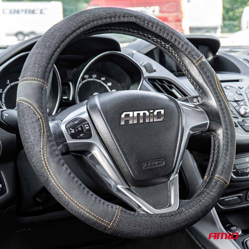 Amio - ΚΑΛΥΜΜΑ ΤΙΜΟΝΙΟΥ ΜΑΥΡΟ ΤΖΙΝ/DENIM (M) 37-39cm SWC-52-M ΜΕ ΜΑΥΡΕΣ & ΚΙΤΡΙΝΕΣ ΡΑΦΕΣ - 1 Τεμ. (03565/AM)