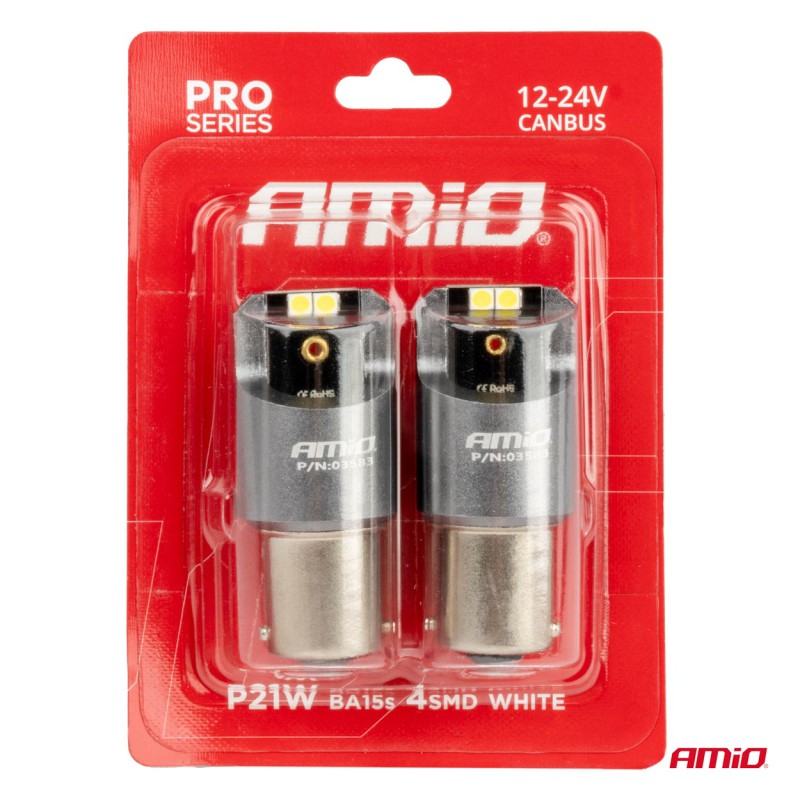Amio - ΛΑΜΠΕΣ LED CAN-BUS P21W BA15S 12/24V 6.000K 4xSMD ΛΕΥΚΟ PRO SERIES - 2 ΤΕΜ. (03583/AM)