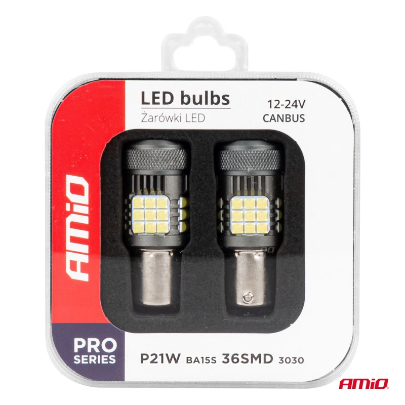 Amio - P21W BA15S 12/24V 6.000K 36x3030 SMD LED CAN-BUS ΛΕΥΚΟ PRO SERIES 2ΤΕΜ. (03722/AM)