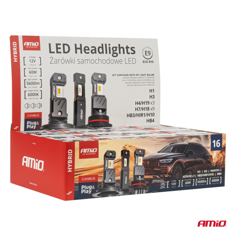 Amio - ΛΑΜΠΕΣ LED H1/H3/H4(x3)/H7(x9)/HB3/HB4 12V 60W 6.000K 5.600lm LED CAN-BUS HYBRID SERIES - ΣΕΤ 16 ΤΕΜ. (04120/AM)