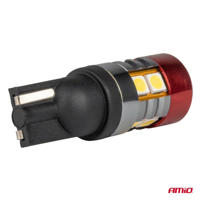 Amio - Λαμπάκια LED CAN Bus Αυτοκινήτου & Φορτηγού τύπου T10 W5W με τάση λειτουργίας 12V/24V 9xSMD 3030 με Λευκό Χρώμα Απόχρωσης 5.500k (Σε χρώμα Κόκκινο-Μαύρο) - 2 Τεμ. (04242/AM)