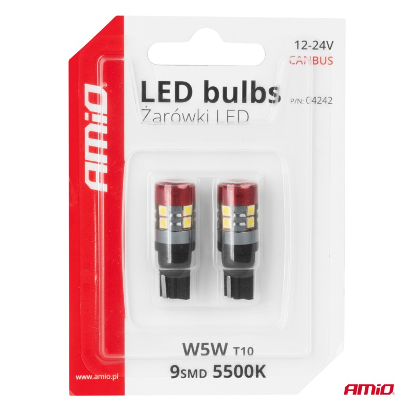Amio - Λαμπάκια LED CAN Bus Αυτοκινήτου & Φορτηγού τύπου T10 W5W με τάση λειτουργίας 12V/24V 9xSMD 3030 με Λευκό Χρώμα Απόχρωσης 5.500k (Σε χρώμα Κόκκινο-Μαύρο) - 2 Τεμ. (04242/AM)
