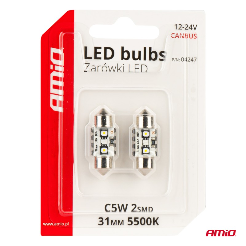 Amio - ΛΑΜΠΑΚΙΑ ΠΛΑΦΟΝΙΕΡΑΣ 31mm 12/24V C5W 5500K 12xSMD 3838 CAN-BUS FESTOON (ΛΕΥΚΟ) - 2 ΤΕΜ. (04247/AM)