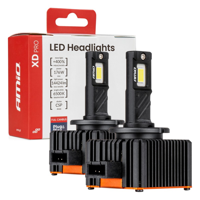 Amio - Λαμπτήρες LED Φώτων Εμπρός τύπου D3S βάση PK32d-5 τάση λειτουργίας 12V απόδοσης 176W (14424lm) XD PRO Series FULL CANBUS 6500K με ψύκτρα Plug & Play για Επιβατικά Αυτοκίνητα - 2 τεμ. (04679/AM)