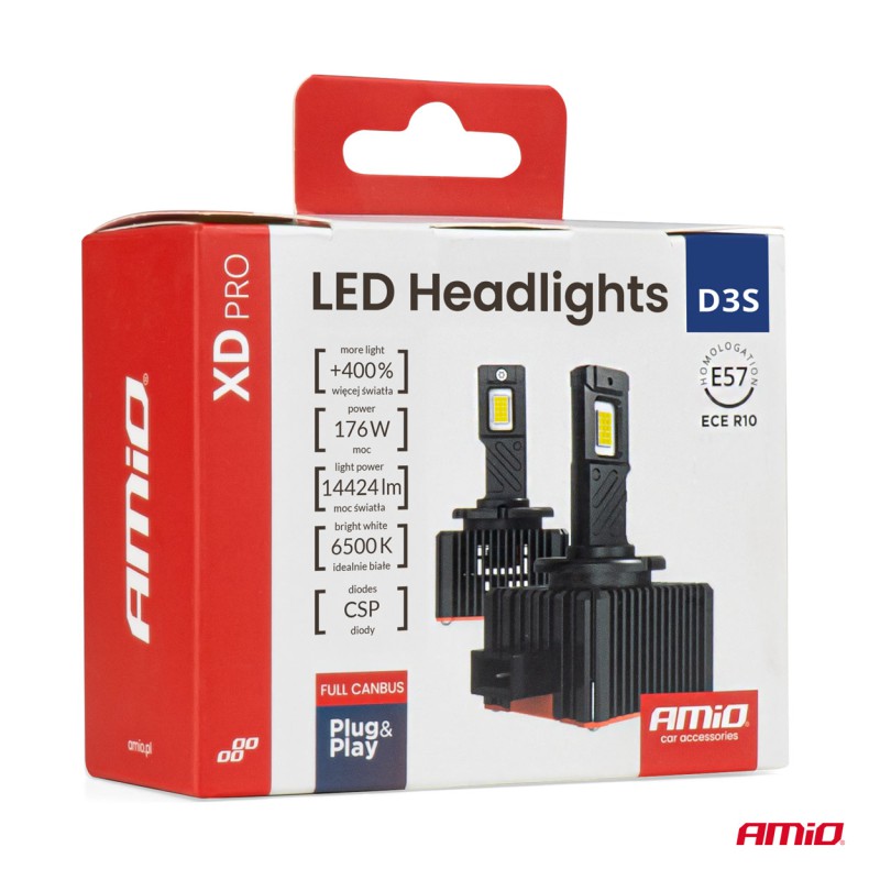 Amio - Λαμπτήρες LED Φώτων Εμπρός τύπου D3S βάση PK32d-5 τάση λειτουργίας 12V απόδοσης 176W (14424lm) XD PRO Series FULL CANBUS 6500K με ψύκτρα Plug & Play για Επιβατικά Αυτοκίνητα - 2 τεμ. (04679/AM)
