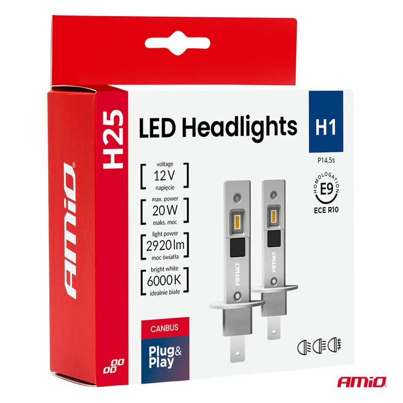 Amio - Λαμπτήρες LED Φώτων Εμπρός τύπου H1 βάση P14.5s τάση λειτουργίας 12V απόδοσης 20W (2920lm) Series H25 CANBUS 6000K για Επιβατικά Αυτοκίνητα - 2 τεμ. (04709/AM)