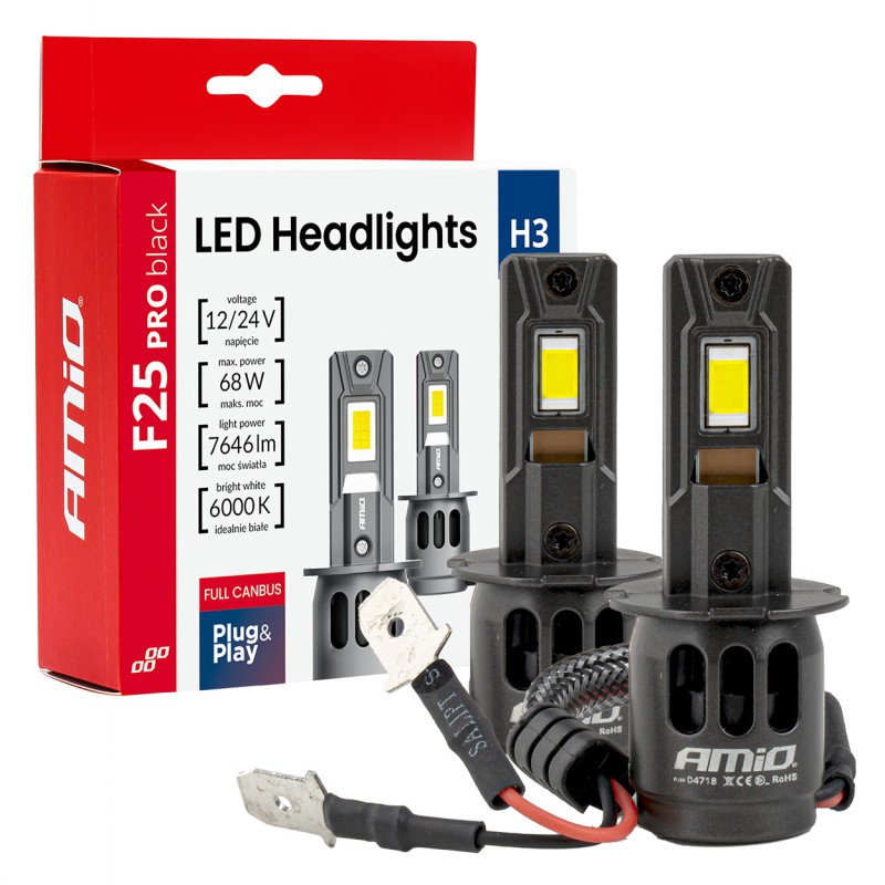 Amio - Λαμπτήρες LED F25 PRO Black Edition H3 68W 12-24V Full CAN Bus με Φωτεινότητα 7646lm σε Ψυχρό Λευκό 6000K για Επιβατικά Αυτοκίνητα & Φορτηγά - Σετ 2 τεμ. (04718/AM)